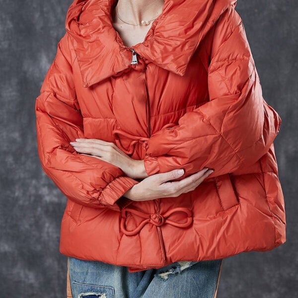 Fine Orange Hooded Drawstring Duck Down Puffer Coat Winter