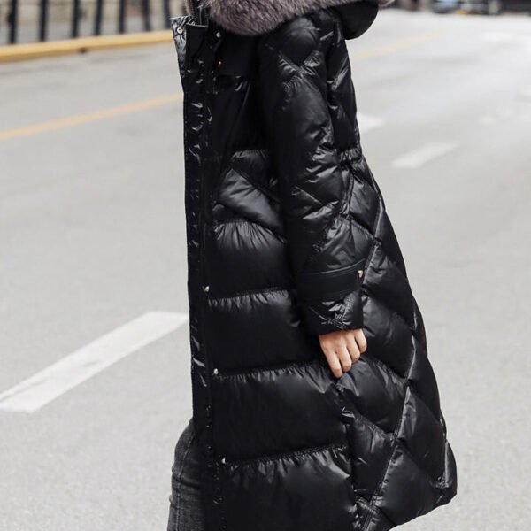 Fitted Black Fox Collar Drawstring Patchwork Zippered Long Duck Down Down Coats Winter