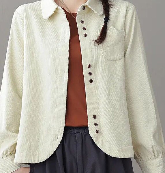 Vintage White Peter Pan Collar Button Corduroy Coats Long Sleeve