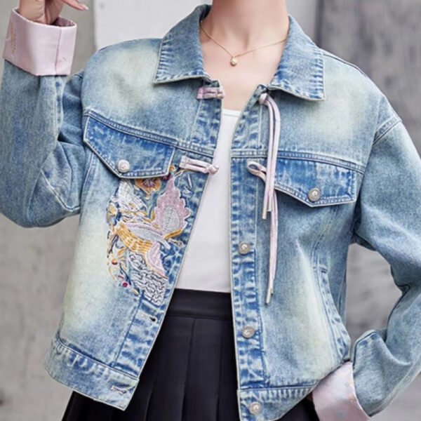 Loose Pink Embroidered Button Denim Coat Long Sleeve