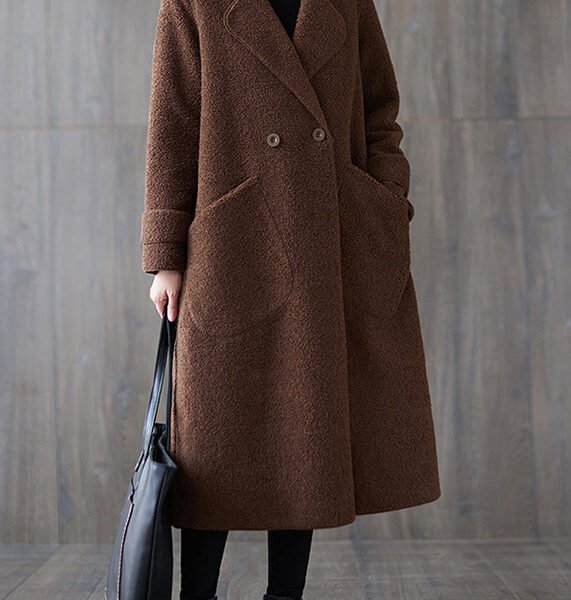 Stylish Versatile Coffee Notched Pockets Faux Fur Coats Winter