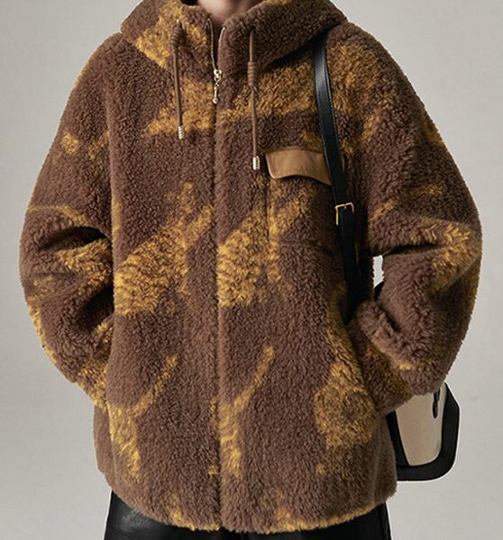 Chic Coffee Stand Collar Drawstring Print Woolen Coat Winter