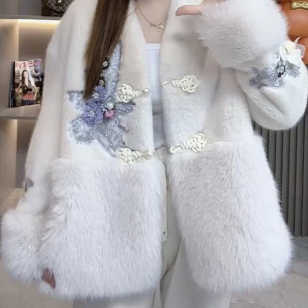 Natural White Embroideried Patchwork Chinese Button Faux Fur Coat Outwear Winter