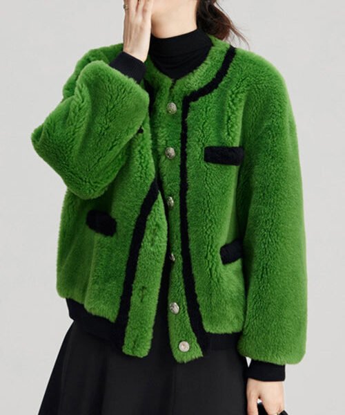Elegant Green Button Pockets Fuzzy Fur Fluffy Coats Long Sleeve