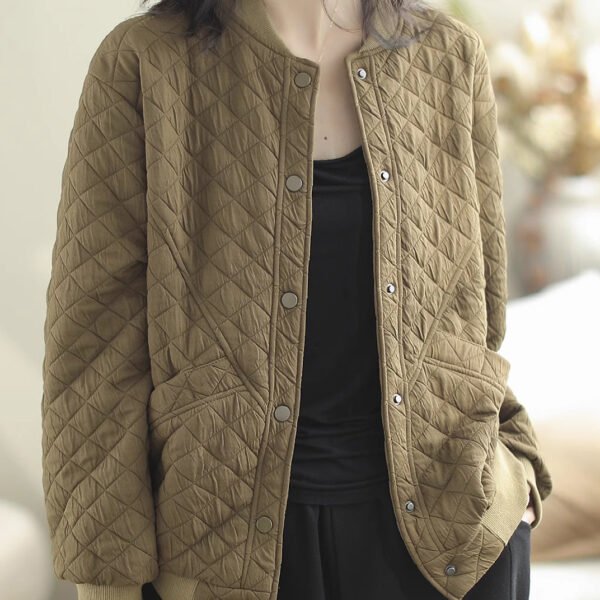 Khaki Pockets Loose Fine Cotton Filled Coat Stand Collar Winter