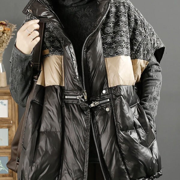 Boutique Black Zip Up Pockets Patchwork Duck Down Vest Sleeveless