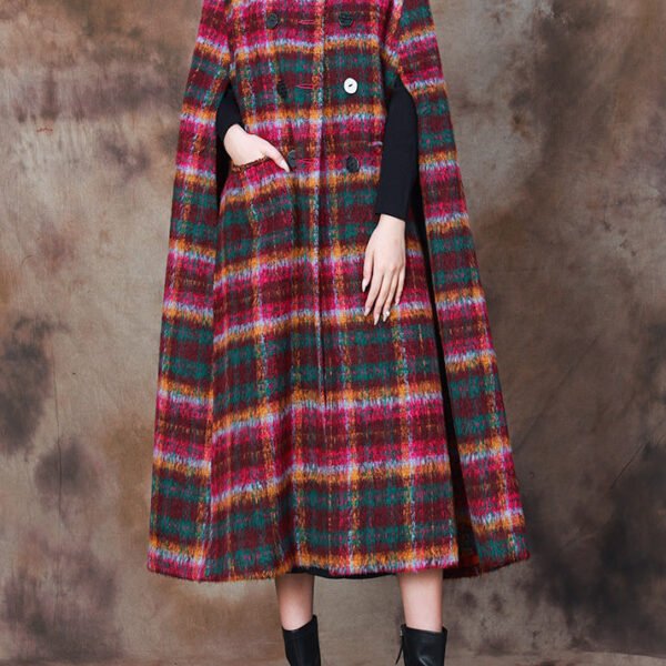 Organic Rose Plaid Double Breast Woolen Coats Cloak Sleeves