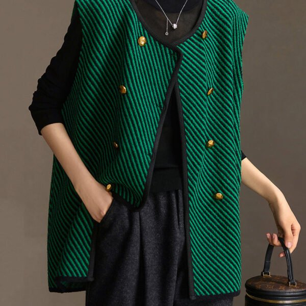 Loose Green Striped O Neck Button Knit Waistcoat Sleeveless