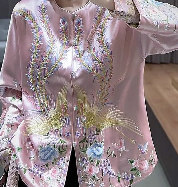 Women Pink Embroideried Wear On Both Sides Silk Coat Spring