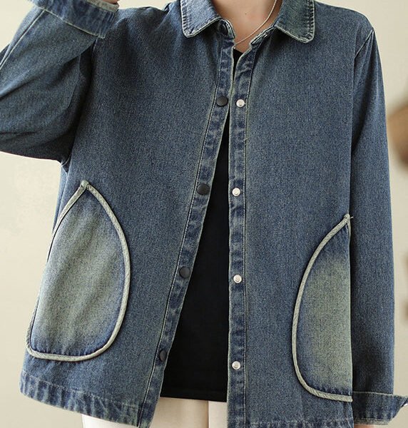 Retro Denim Blue Pockets Patchwork Coats Spring