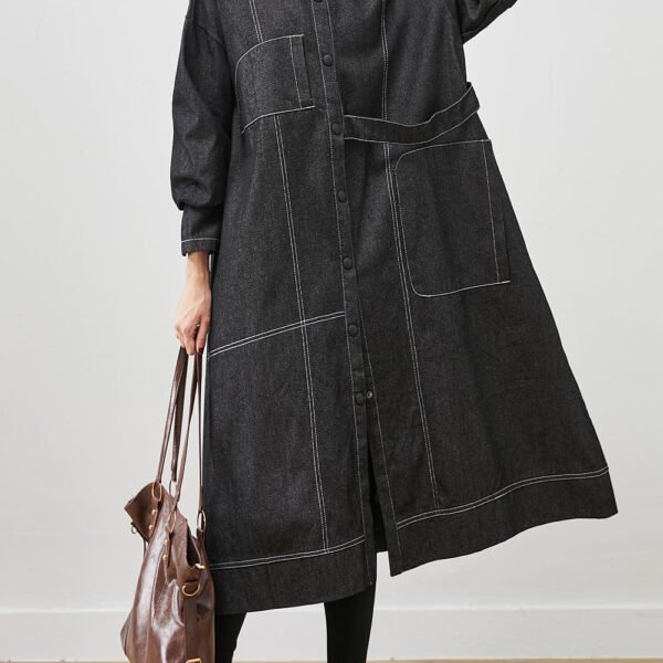 Black Loose Denim Trench Coat Oversized Pockets Spring