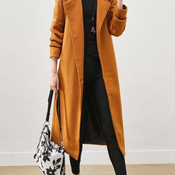 Plus Size Orange Oversized Tie Waist Woolen Coat Spring