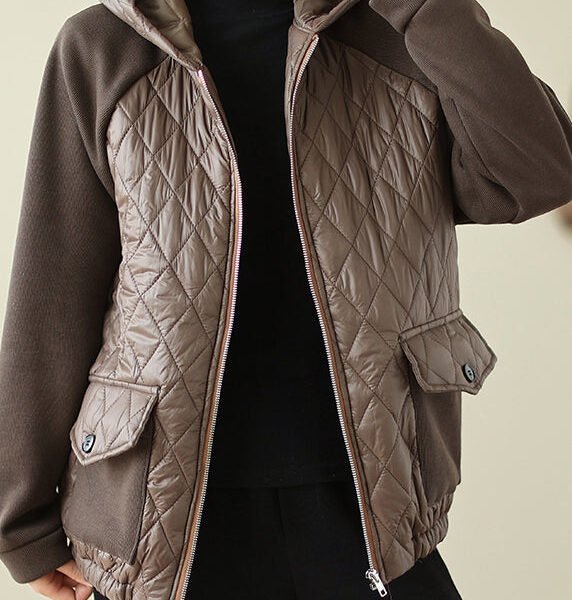 Coffee Pockets Patchwork Fine Cotton Filled Hooded Coat Zip Up Winter
