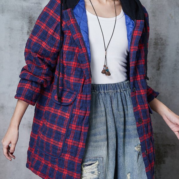 Red Plaid Fine Cotton Filled Coat Hooded Pockets Spring