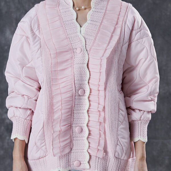 Beautiful Pink Ruffled Patchwork Knit Fine Cotton Filled Coat Spring