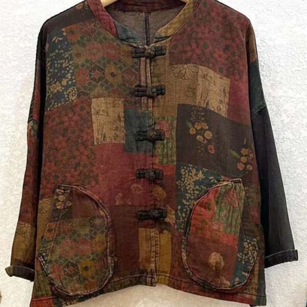 Vintage Print Button Patchwork Cotton Coat Long Sleeve