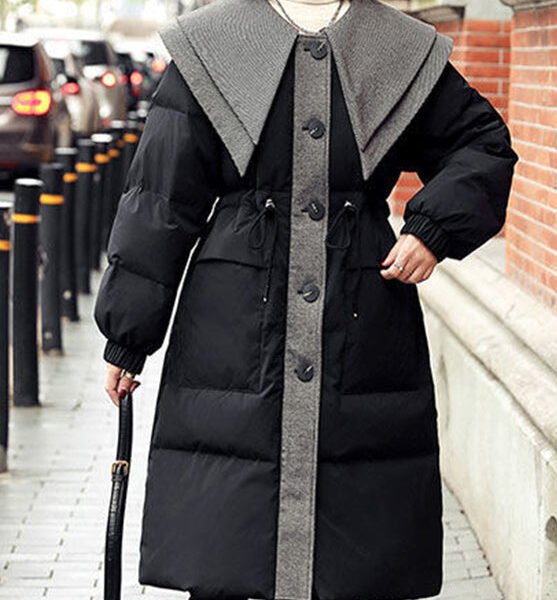 Black Drawstring Patchwork Button Duck Down Parka Winter