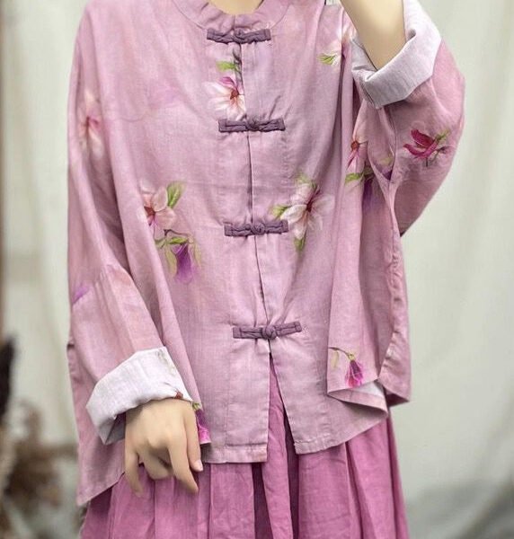 New Pink O Neck Button Patchwork Linen Coat Spring