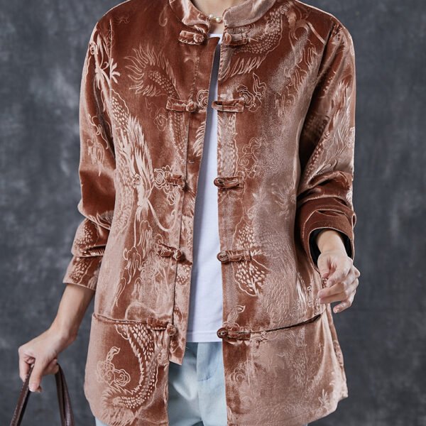 Brown Retro Corduroy Coats Dragon Embroideried Spring