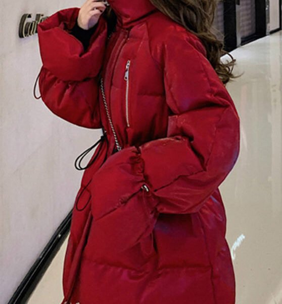 Stylish Red Turtleneck Zippered Drawstring Duck Down Jacket Winter