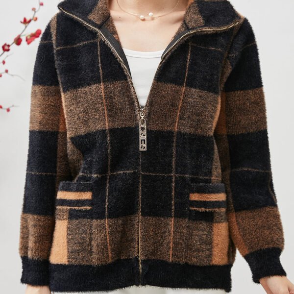 Plus Size Colorblock Zip Up Plaid Mink Velvet Coats Spring