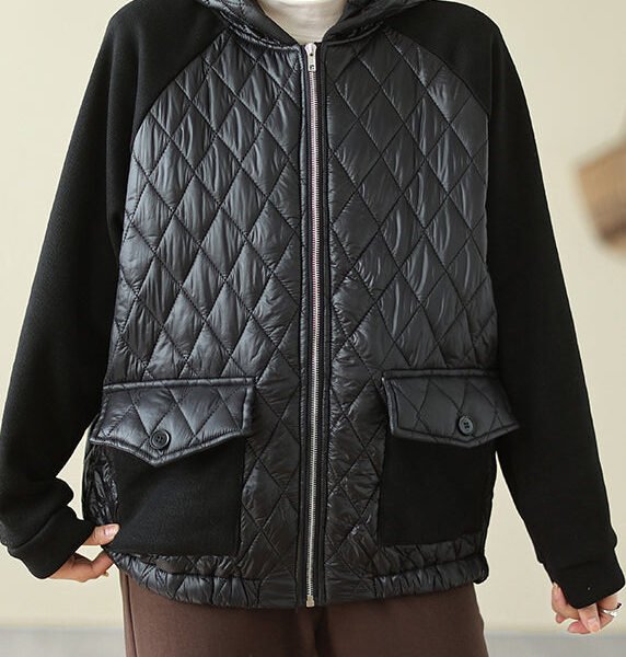 Plus Size Black Zip Up Pockets Fine Cotton Filled Hooded Coat Winter