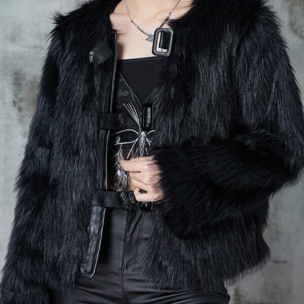 Black Patchwork Faux Fur Coat O-Neck Winter