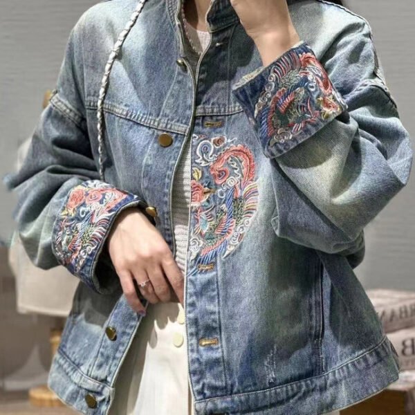 French Blue Embroidered Button Denim Coats Spring