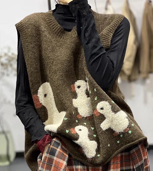 Jacquard Chocolate O-Neck Cozy Cotton Knit Waistcoat Sleeveless