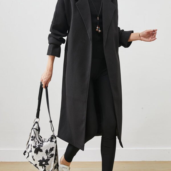 Beautiful Black Peter Pan Collar Tie Waist Woolen Coats Spring