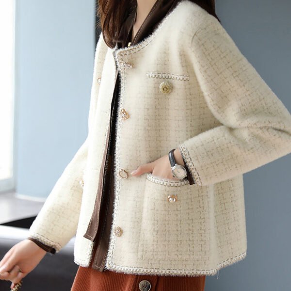 Women Beige O-Neck Plaid Cotton Coats Spring