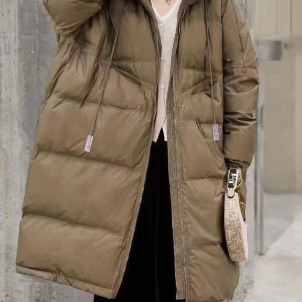 Plus Size Green Drawstring Zippered Duck Down Long Down Coat Long Sleeve