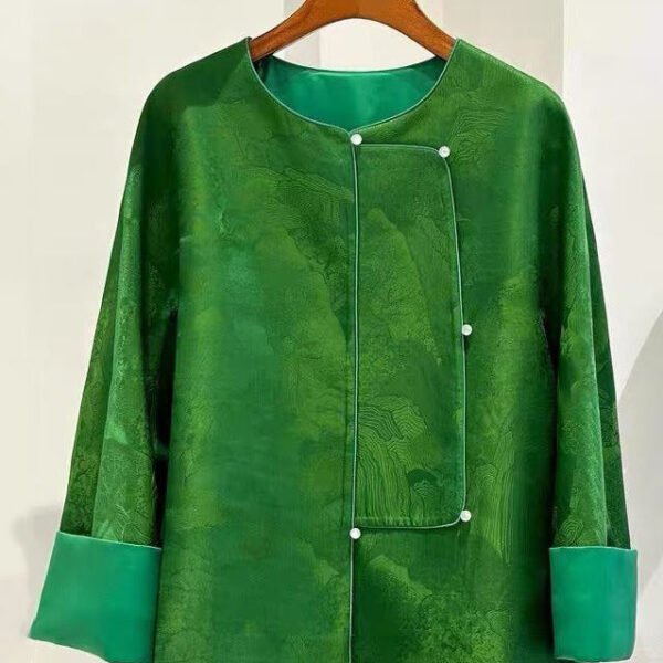 Chinese Style Green O Neck Button Silk Coats Long Sleeve