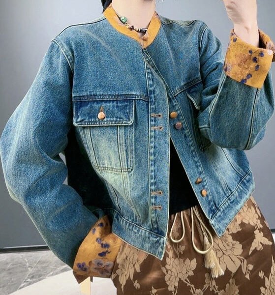 Loose Blue Button Pockets Patchwork Denim Coats Spring
