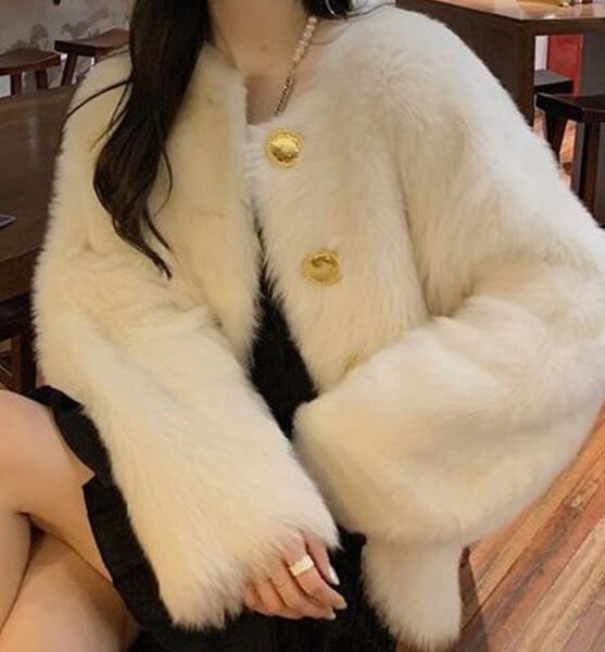 DIY White O-Neck Button Thick Fluffy Coat Long Sleeve