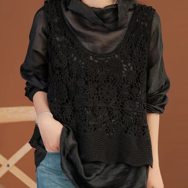 Women Black V Neck Hollow Out Knit Waistcoat Sleeveless