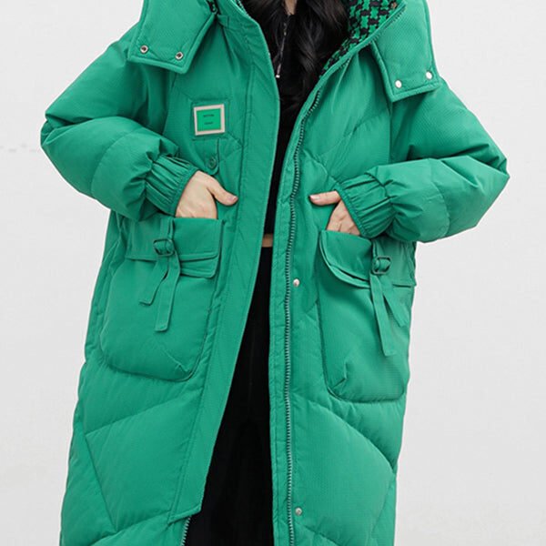 French Green Hooded Pockets Fine Cotton Filled Puffers Coat Winter