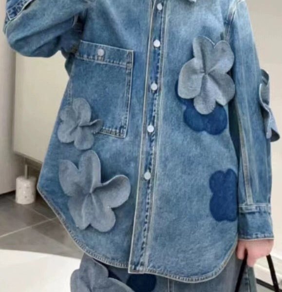 Plus Size Blue Button Pockets Denim Coats Long Sleeve