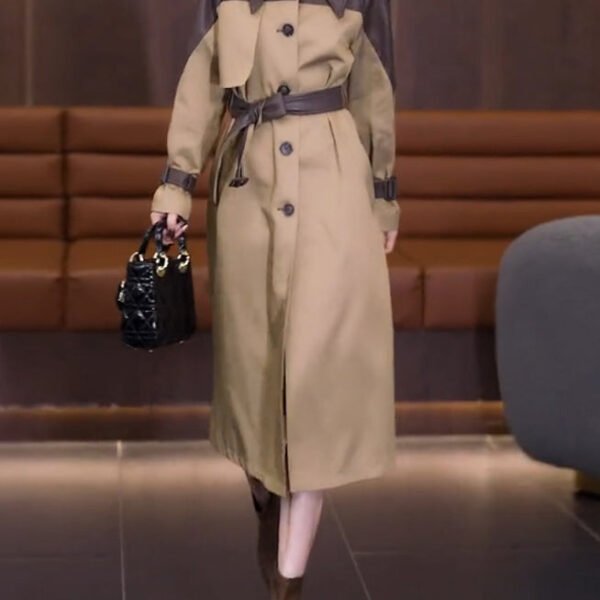 Vogue Khaki Peter Pan Collar Pockets Patchwork Button Sashes Trench Coat Spring