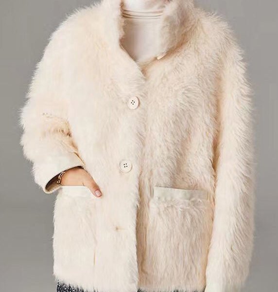 Fitted White Pockets Button Leather And Fur Coats Long Sleeve