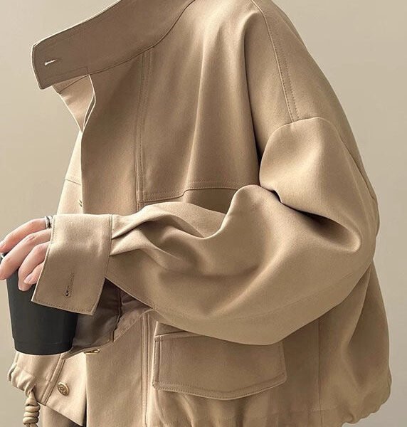 Plus Size Khaki Stand Collar Patchwork Drawstring Coat Long Sleeve