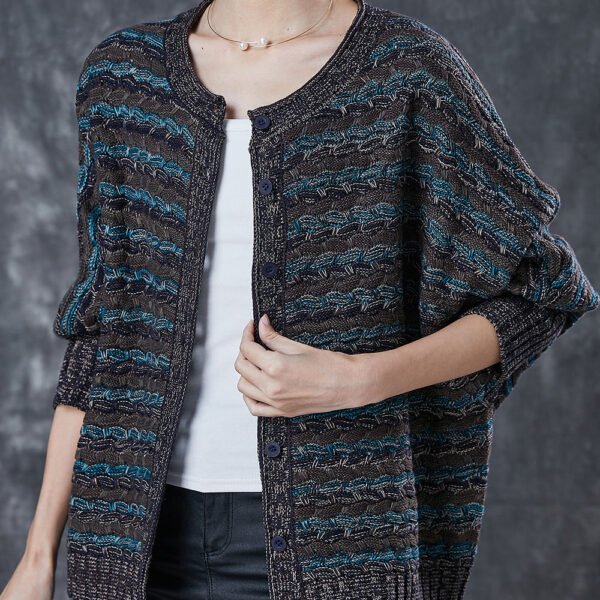 Plus Size Dull Grey Oversized Striped Knit Loose Coat Spring