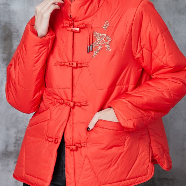 Chinese Style Red Embroideried Oriental Duck Down Puffer Coat Spring