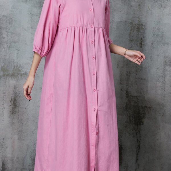 Pink Cotton Long Dresses Oversized Button Down Half Sleeve