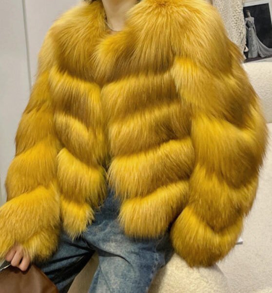 Yellow O-Neck Zippered Leather And Fur Coat Winter