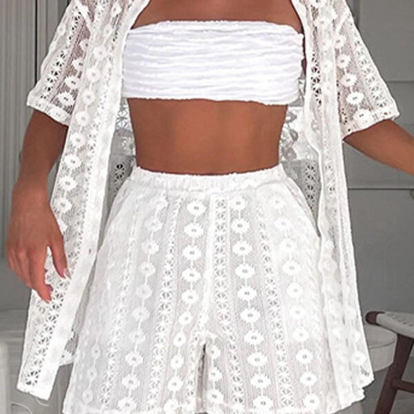 Casual Solid Lace Hollowed Out Turndown Collar Short Sleeve Two Pieces