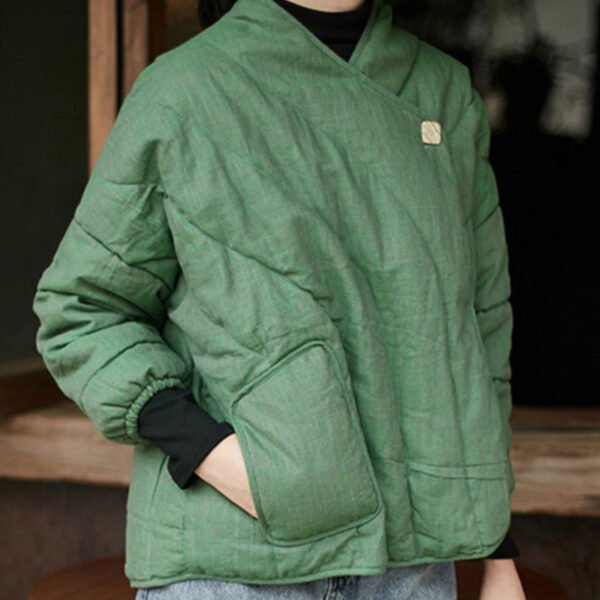 Loose Green V Neck Button Cotton Filled Coats Long Sleeve