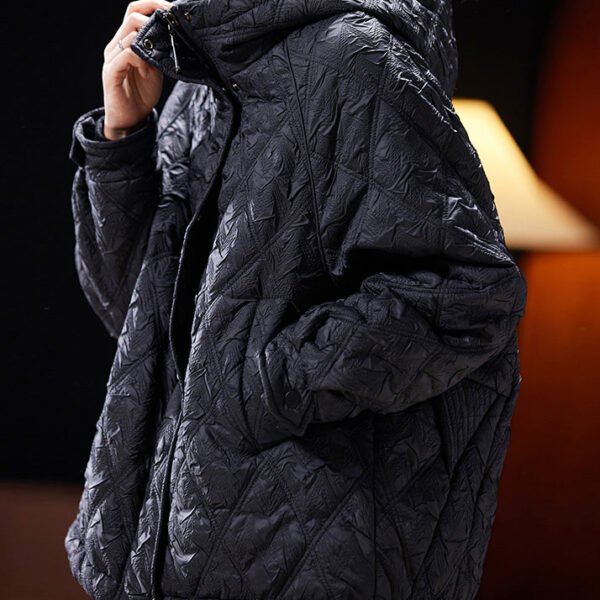 Loose Black Hooded Zippered Pockets Cotton Filled Coat Long Sleeve
