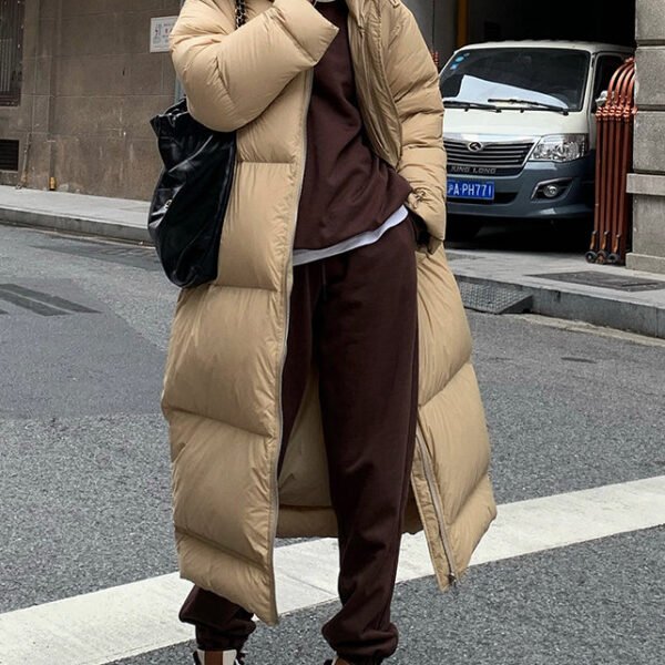 Fashion Khaki Zippered Pockets Hooded Duck Down Puffer Coat Winter