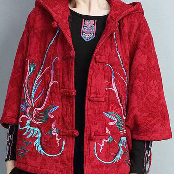 Vintage Red Embroidered Chinese Button Hooded Warm Fleece Coat Spring